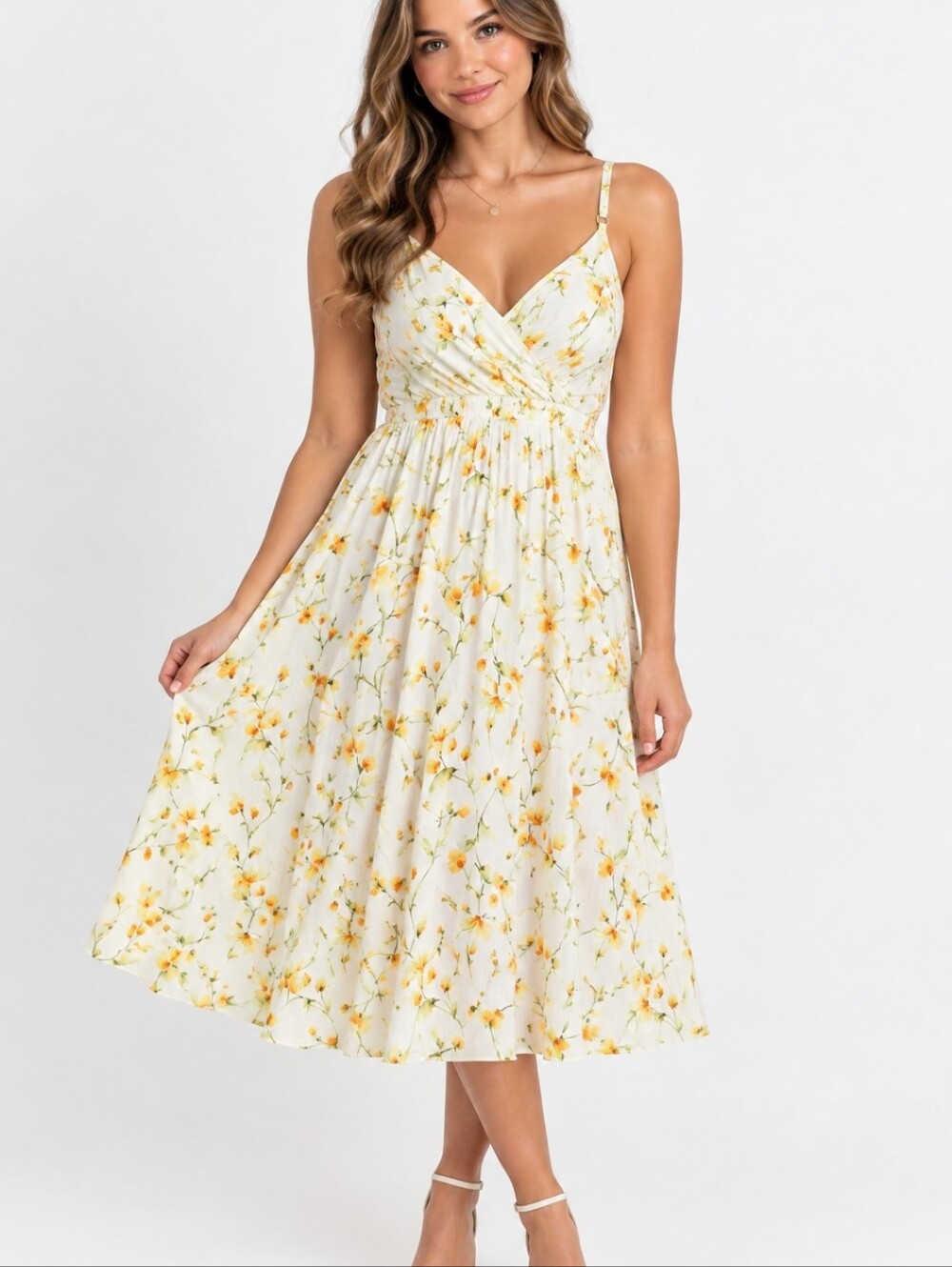 Yellow Floral Sleeveless Midi Dress - Women